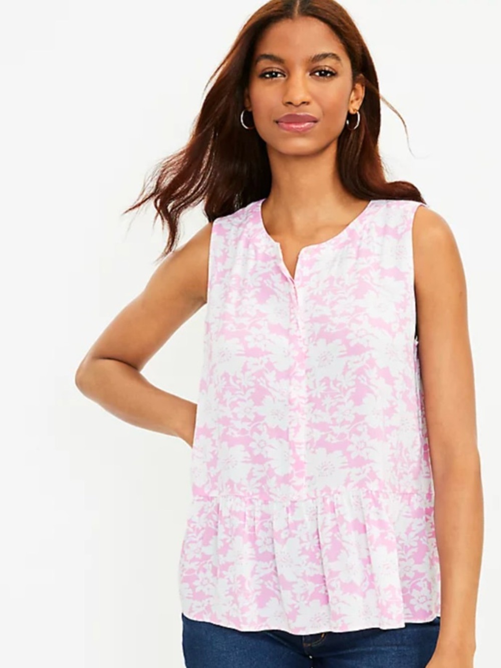 NWT LOFT Pink White Floral Sleeveless Peplum Blouse Hibiscus Print Tiered Top